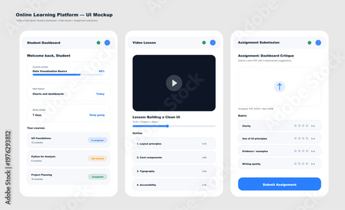 Online Learning Platform UI Mockup with Lesson and Assignment. Clean online learning platform UI mockup featuring a student dashboard, video lesson screen. Vector screens for mobile App