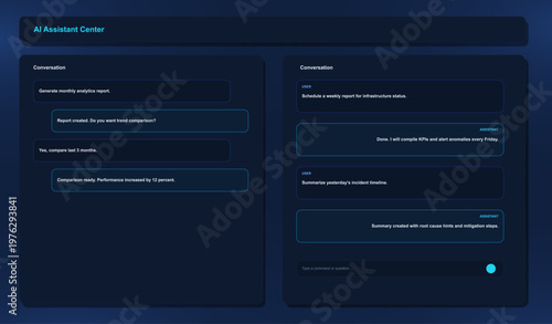AI Assistant Center Dashboard UI with Chat Panels. Dark futuristic AI assistant dashboard interface with conversational panels, task prompts, automated replies. Vector template UI chat