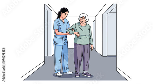 Nurse supporting elderly woman walking down hallway isolated on white background