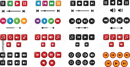 Media player navigation icons set featuring play pause stop record volume control and musical note symbols for digital audio video interface design vector.