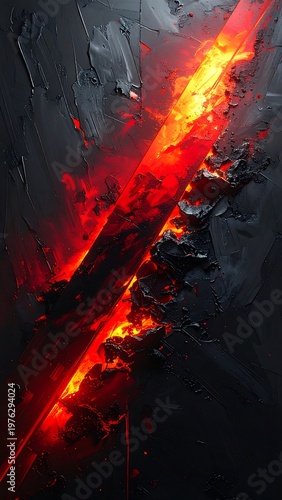 Bold abstract composition with molten red light cutting through dark textured surface forming powerful modern background with strong depth