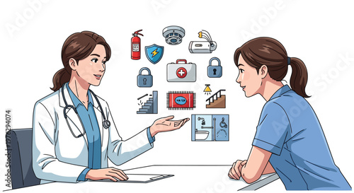 Doctor consults with patient about home safety icons isolated on white background