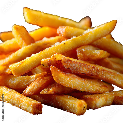 Crispy golden french fries pile, salted deep fried potato sticks, delicious fast food snack isolated on white background