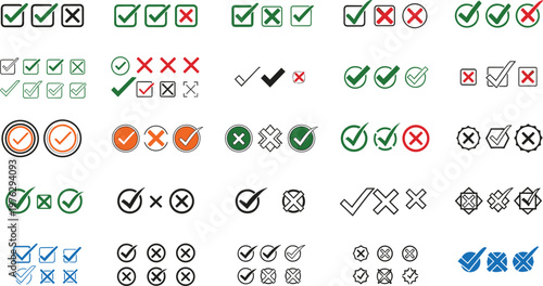 Large collection of check mark and cross icons featuring green ticks and red x symbols for survey results voting and interface design.