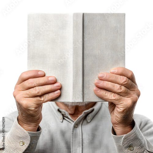 Minimalist book mockup held by senior man, blank grey linen hardcover book, elderly person reading hardcover book on white background