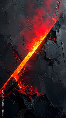 Dark grunge texture with bright lava like diagonal line forming dramatic abstract background with intense heat and visual impact