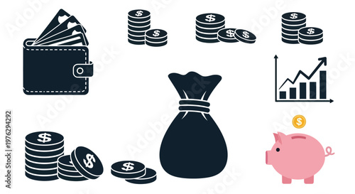 Financial icons including wallet coins bag and growth chart silhouette