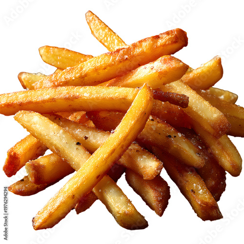 Crispy golden french fries with sea salt, pile of deep fried potato sticks, delicious fast food snack isolated on white background
