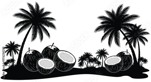 Tropical scene with palm trees and coconuts depicted in a dark silhouette