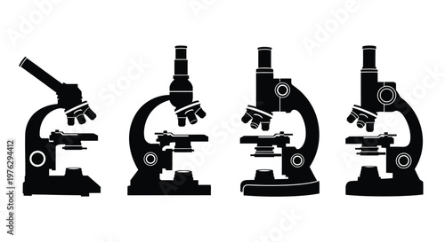 Four black microscopes displayed in a row detailed vector illustration silhouette