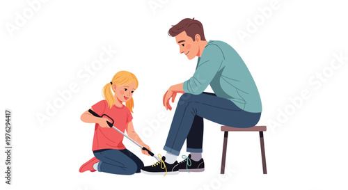 Young girl tying father's shoelaces illustration isolated on white background