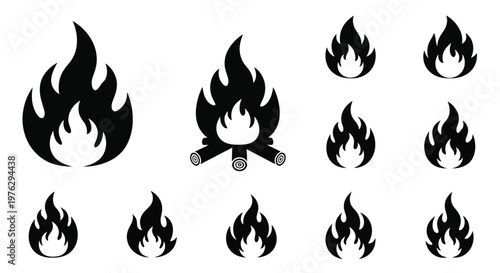 Collection of black flame icons and a campfire all in silhouette