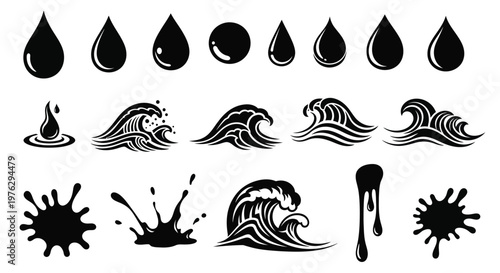 Various water droplet and wave shapes presented in a stark black silhouette