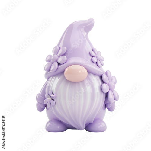 Charming lavender gnome figurine with floral accents and a whimsical design.