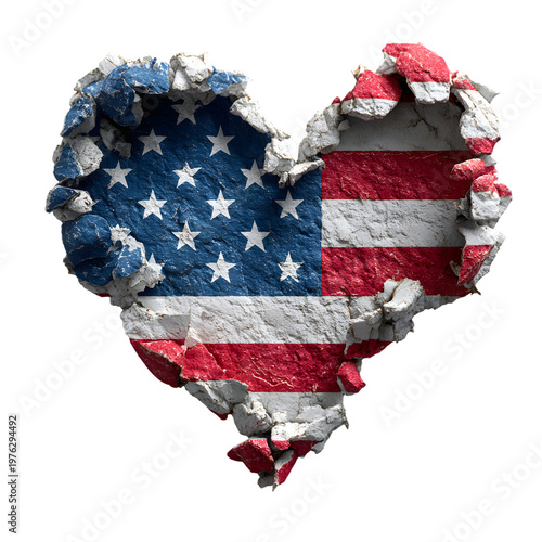 Patriotic American flag heart, cracked concrete wall texture with USA flag, 3D broken stone heart shape on white background