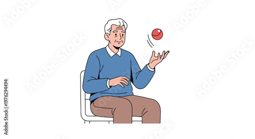 Elderly man sitting and playing with red ball isolated on white background