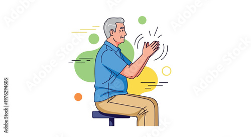 Senior man sitting and clapping hands isolated on white background