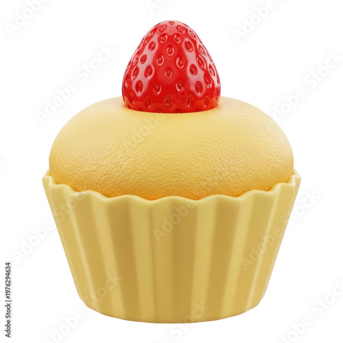 Delicious strawberry cupcake with yellow frosting and a vibrant red strawberry on top.