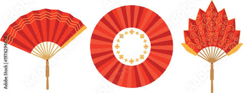 Traditional Asian Folding Fan Collection with Decorative Red Patterns, Circular Ornament, and Elegant Handheld Cultural Vector Design