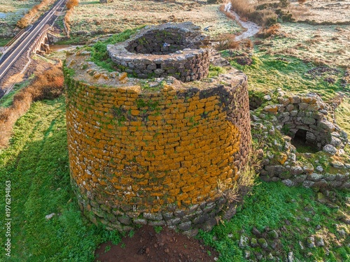 Aerial view of Nuraghe Oes in Giave. Sardinia, Italy