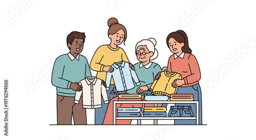 Multi-generational family choosing clothes together illustration isolated on white background