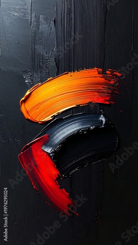 Expressive paint stroke with bright orange tones on dark textured surface forming modern abstract artwork with intense visual contrast