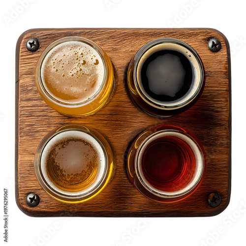 Craft beer flight on wooden tray, top view of four assorted beer glasses with ale and stout, rustic brewery tasting set on white background
