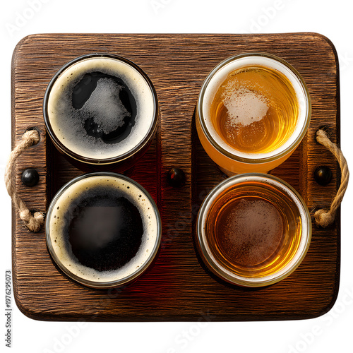 Craft beer flight on rustic wooden tray, four glasses of assorted dark and light ale, top view of brewery tasting set isolated on white