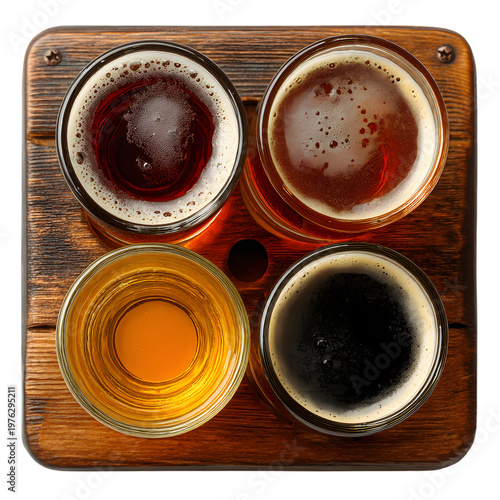 Craft beer flight sampler on rustic wooden tray, overhead view of four different beer varieties, assorted ale and lager tasting set on white background