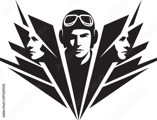 Stylized black and white illustration of three faces with goggles on a white background
