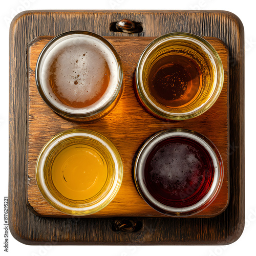 Craft beer flight on wooden paddle, top view of four assorted beer tasters, rustic brewery sampler set with ale and lager varieties