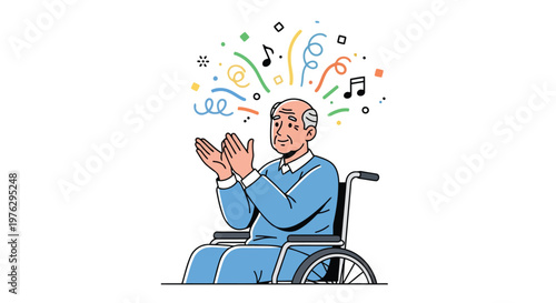 Elderly man in wheelchair celebrating with confetti isolated on white background