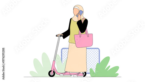 Woman pushing a shopping cart filled with groceries on a scooter Vector