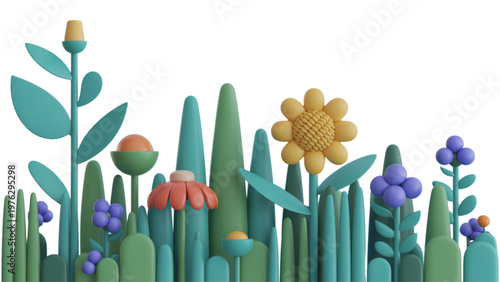 Colorful assortment of stylized tropical plants in a vibrant garden setting Vector