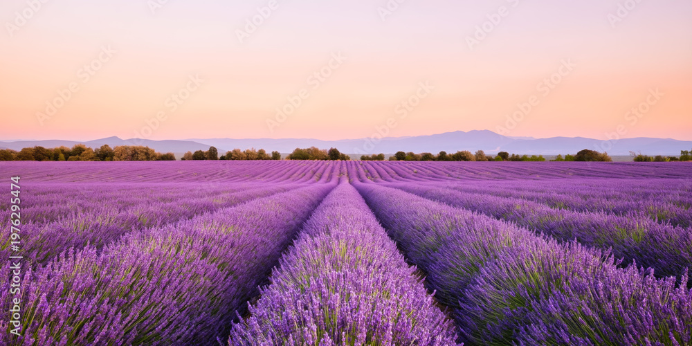 Fototapeta premium Endless rows of blooming lavender field stretching toward mountains under soft sunset sky