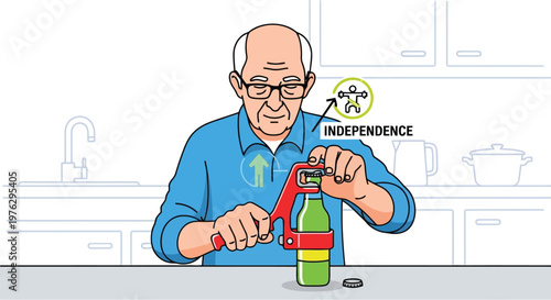 Elderly man opening bottle with assistance tool isolated on white background