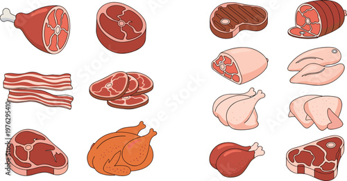 Vector Set of Various Meat Cuts, Bacon, Chicken, and Ham for Food, Butcher, and Culinary Design Illustrations