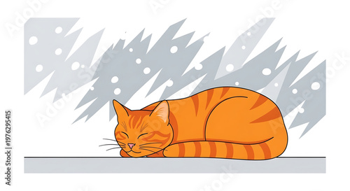 A serene orange cat sleeps peacefully on a gray surface with a snowy background