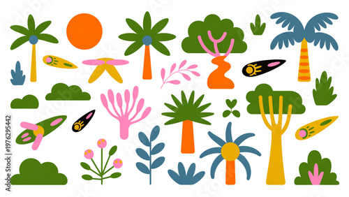 Vibrant tropical plants and flowers in a cheerful cartoon style illustration Vector
