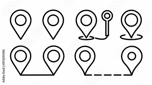 Vector illustration set of location pin icons: classic map pin, hollow pin, pin with dot, navigation pin, GPS marker, destination pin, start point pin, pin with route line, map pointer variations, min