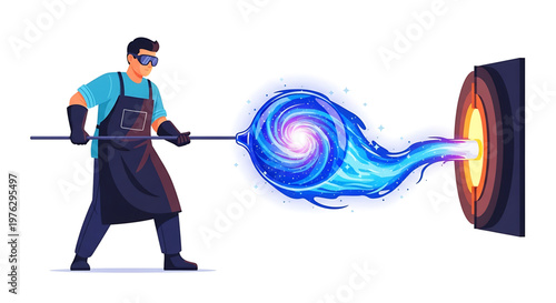 A blacksmith in a blue shirt and black apron is working with a glowing piece of metal in a furnace.