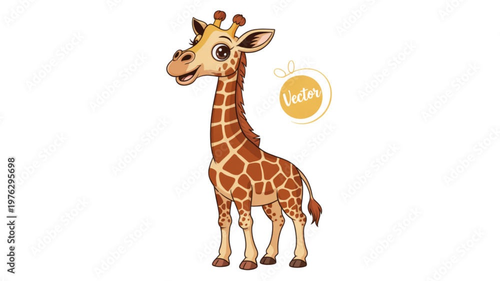 Obraz premium A cheerful cartoon giraffe standing upright with a yellow badge on its side Vector