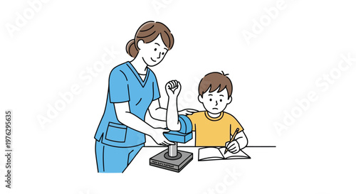 Nurse assists young boy with arm exercise and writing isolated on white background
