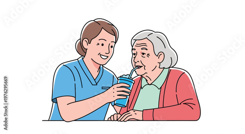 Nurse helps elderly woman drink from cup isolated on white background