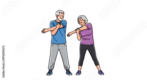 Elderly couple stretching arms in fitness apparel isolated on white background
