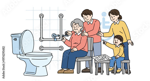 Family assists senior woman with toilet grab bars isolated on white background