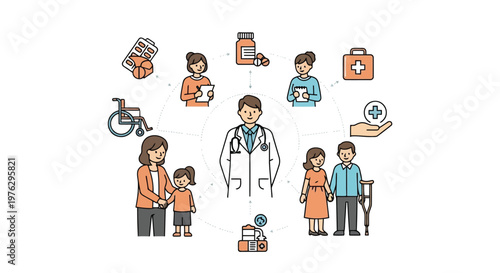 Doctor with family and medical services icons isolated on white background