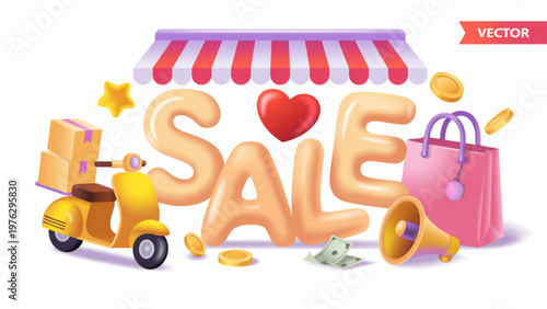 Colorful sale banner with shopping bags and discount tags Vector