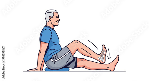 Elderly man doing leg exercises for physical therapy isolated on white background