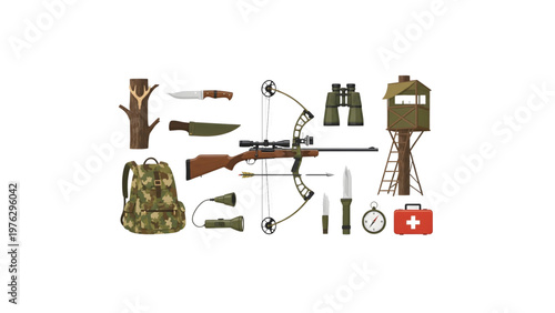 Hunting Equipment Vector Set Outdoor Wildlife Gear and Survival Tools Collection